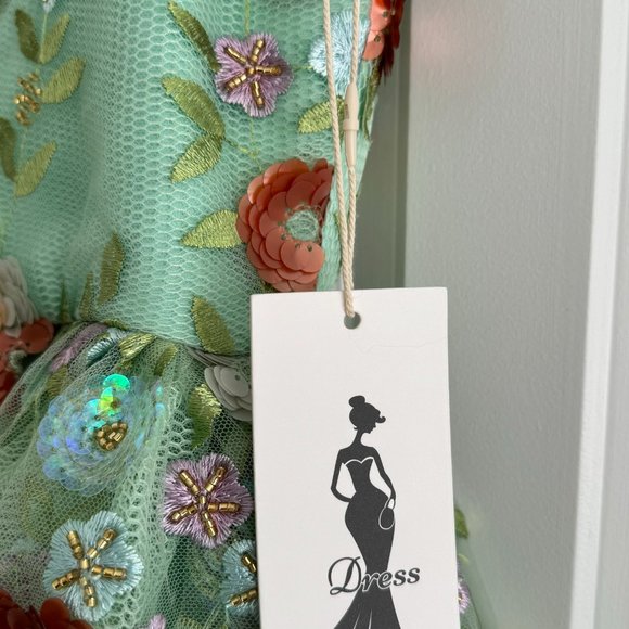 Mint Spaghetti Strap Evening Dress Flowers Appliques A-Line Tulle - Picture 5 of 9